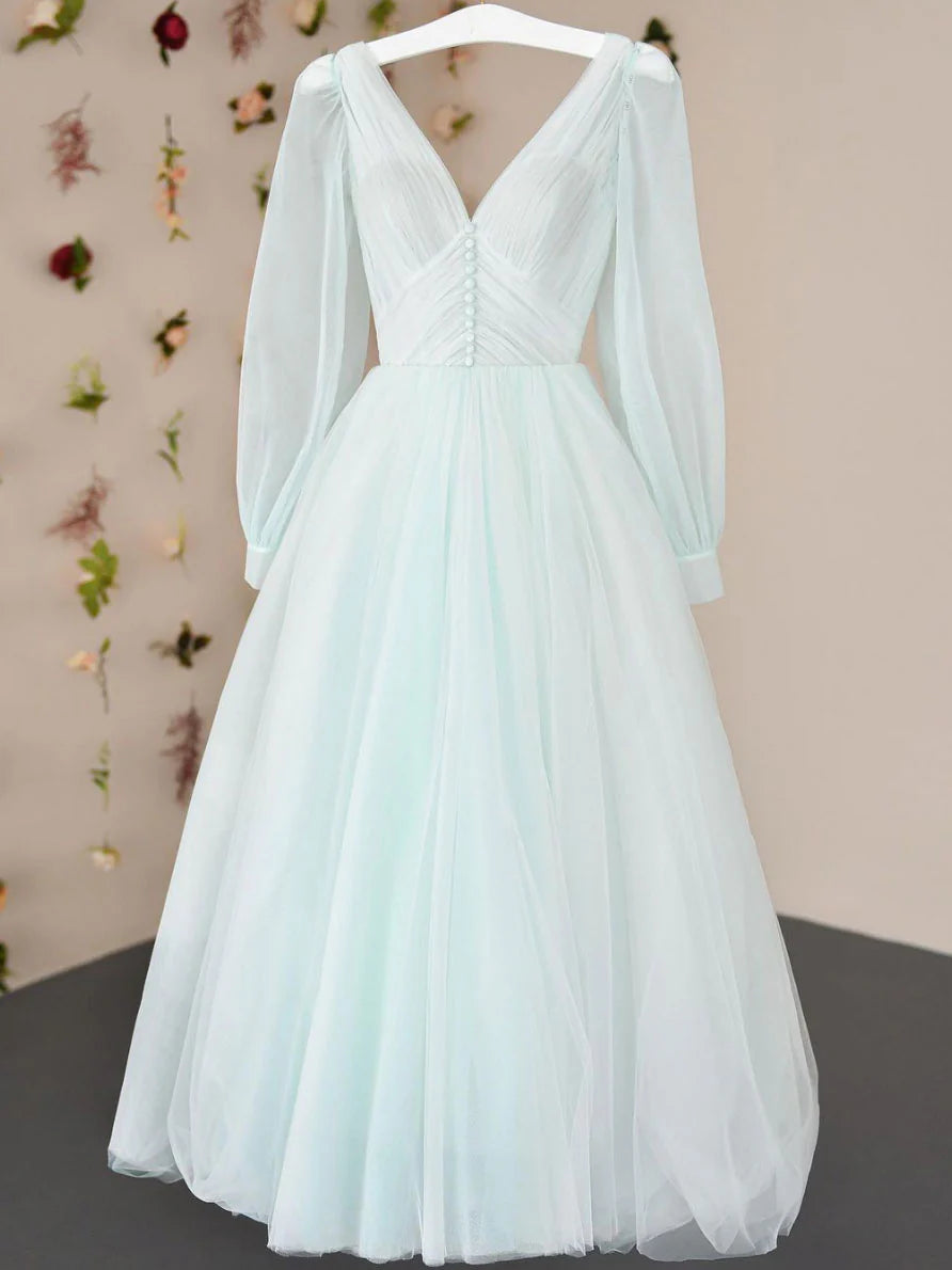 Simple V neck tulle tea-length prom dress