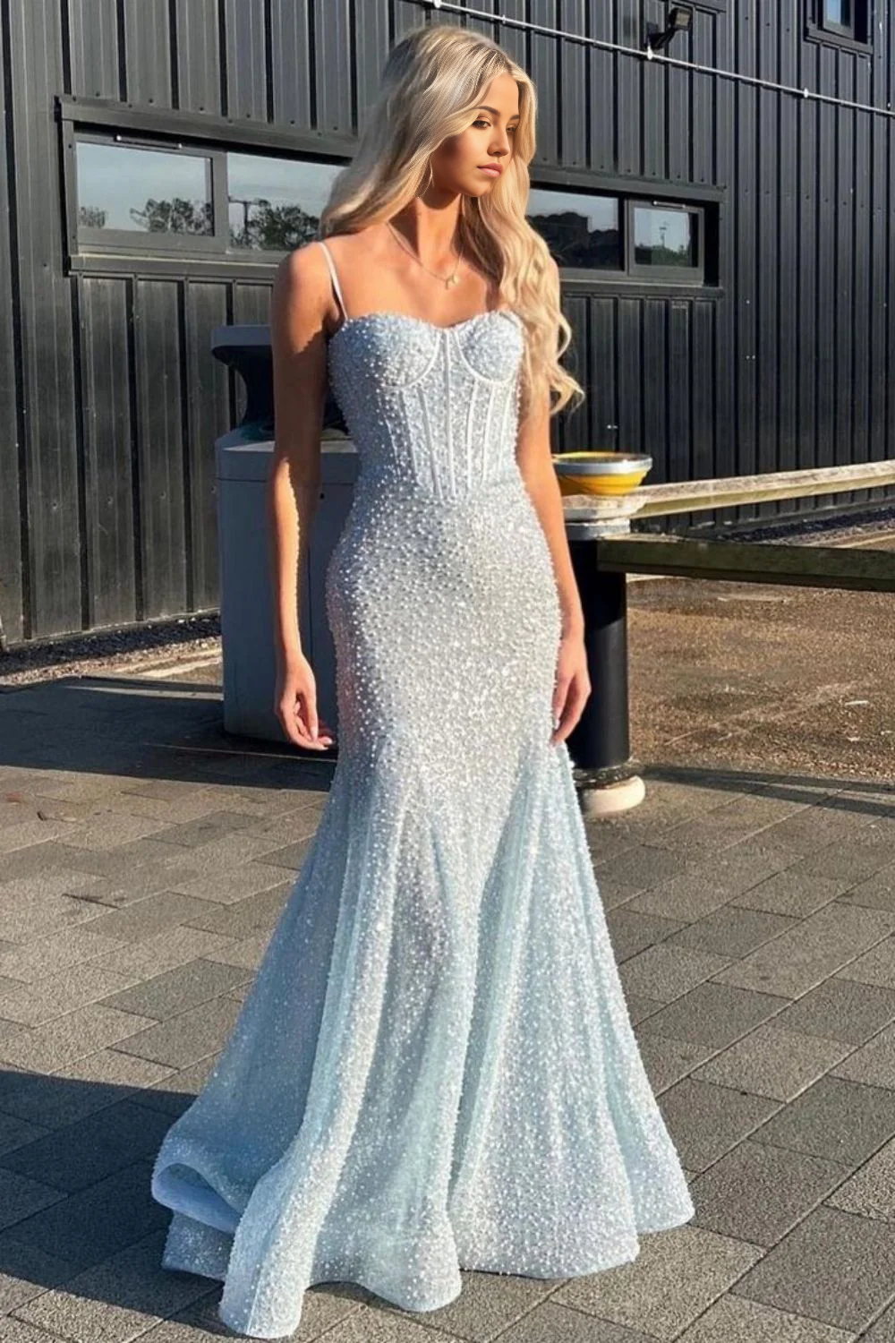 Mermaid Shiny Spaghetti Straps Long Beaded Light Blue Prom Dress