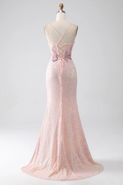 Mermaid Glitter Beaded Prom Dress with Slit