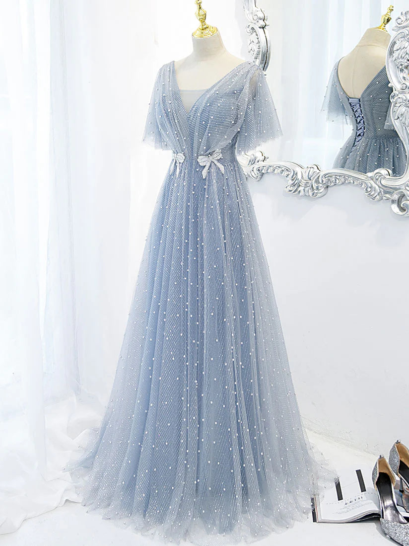 V neck tulle beads long prom dress