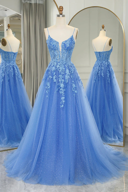 A Line Tulle Appliques Long Prom Dress