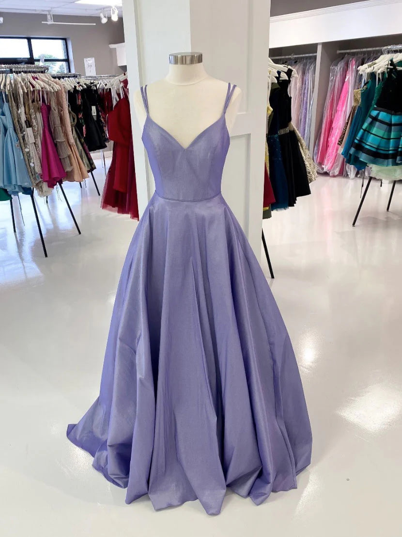 V neck satin long prom dress