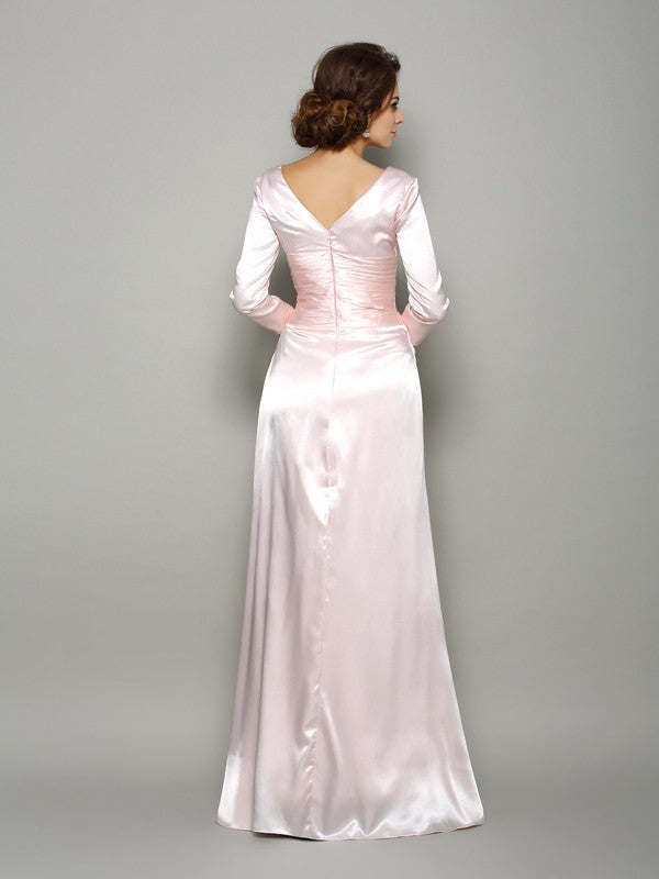 A-Line/Princess V-neck Ruched Long Sleeves Long Silk like Satin Mother of the Bride Dresses