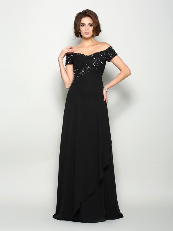 A-Line/Princess Off-the-Shoulder Beading Short Sleeves Long Chiffon Mother of the Bride Dresses