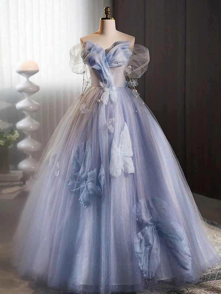 A-Line Off Shoulder Tulle Flower Long Prom Dress