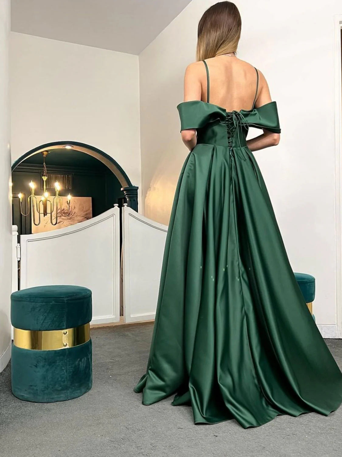 Simple off shoulder satin long prom dress