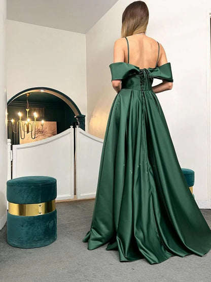 Simple off shoulder satin long prom dress