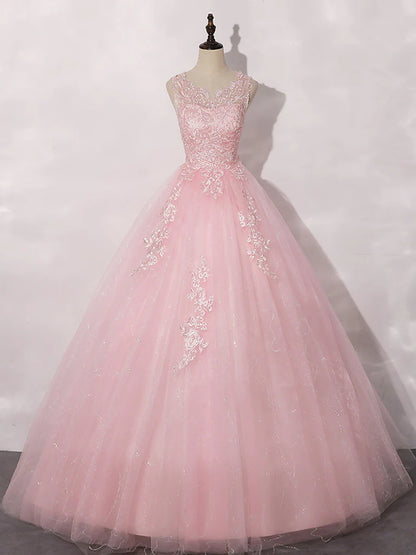 A-Line Round Neck Tulle Lace Long Prom Dress