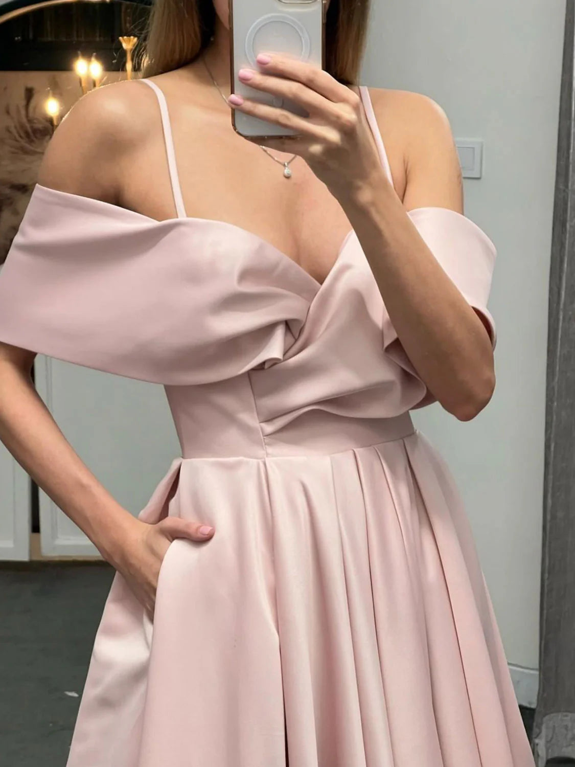 Simple off shoulder satin long prom dress