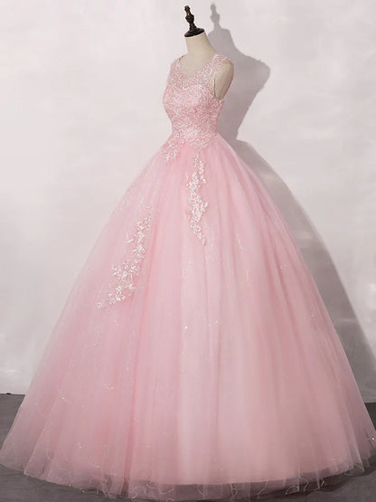 A-Line Round Neck Tulle Lace Long Prom Dress