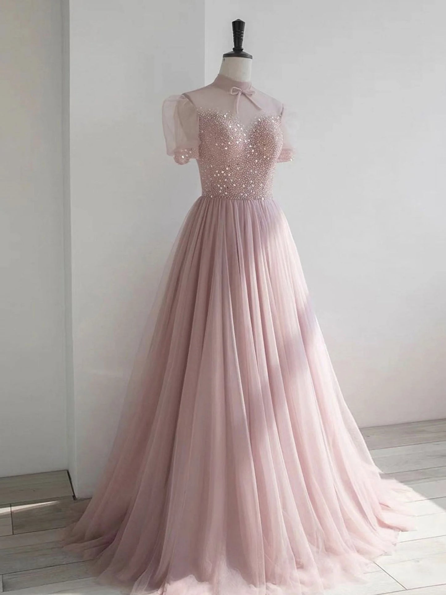 Round neck tulle sequin long prom dress