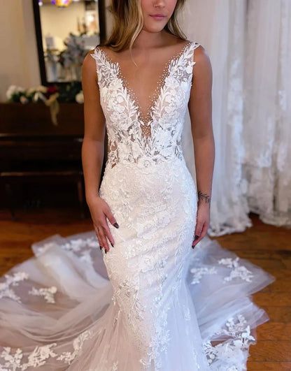 Mermaid Appliques V Neck Train Wedding Dress