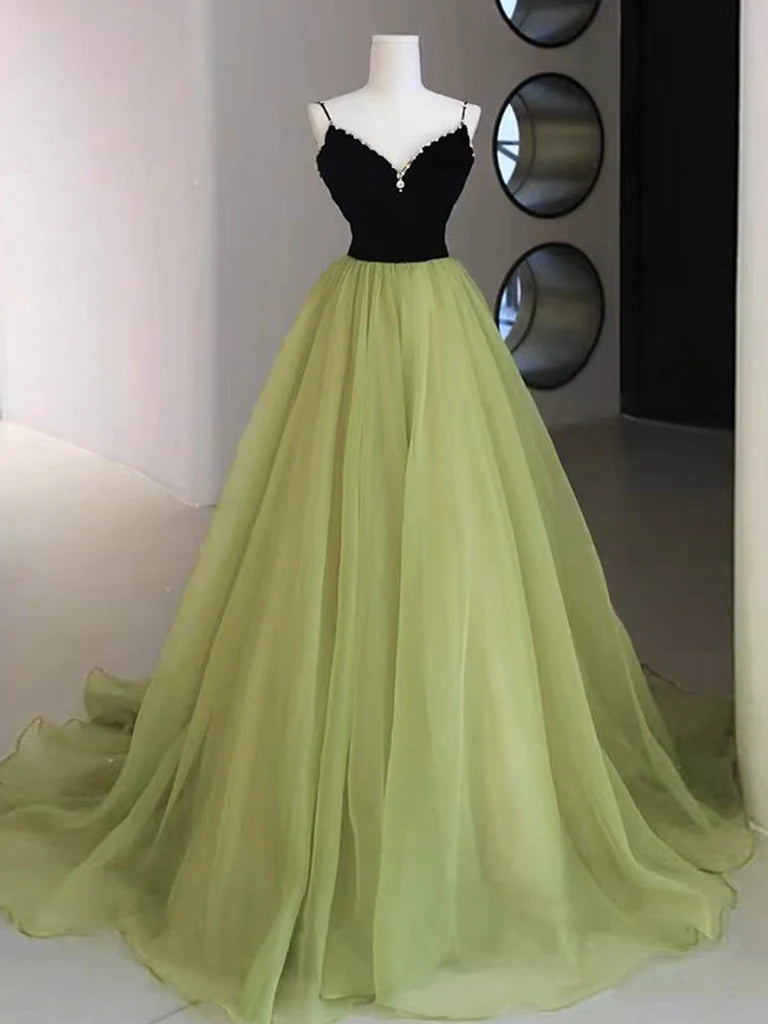 A-Line V Neck Tulle Long Prom Dress