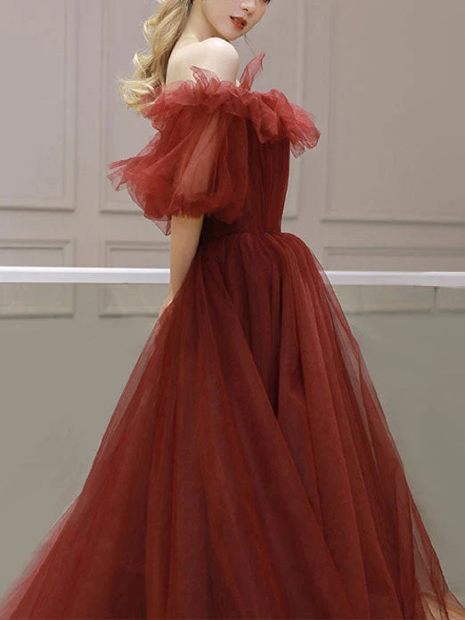 Tulle off shoulder long prom dress