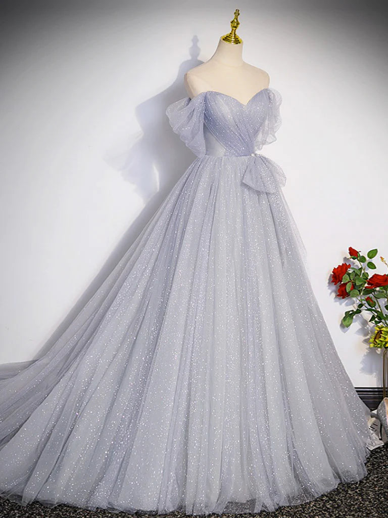 A-Line Off Shoulder Tulle Long Prom Dress