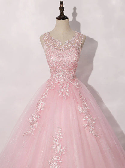 A-Line Round Neck Tulle Lace Long Prom Dress