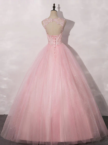 A-Line Round Neck Tulle Lace Long Prom Dress