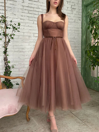 Aline Tea Length Brown Prom Dresses