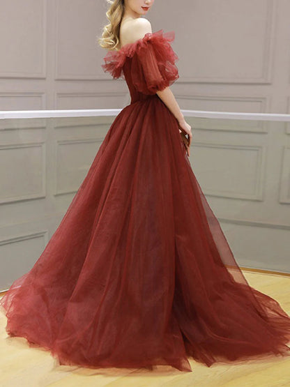 Tulle off shoulder long prom dress