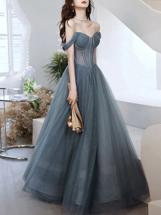 Sweetheart neck tulle long prom dress