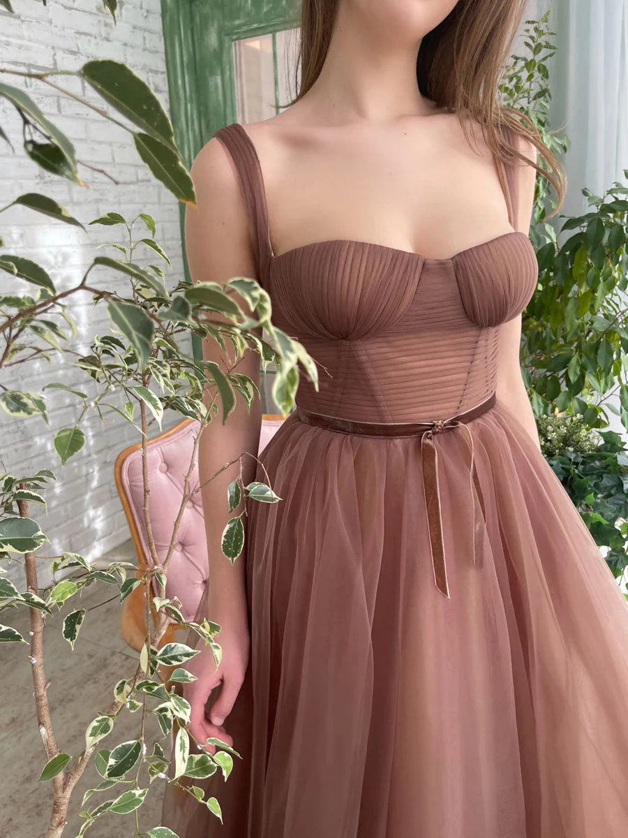 Aline Tea Length Brown Prom Dresses