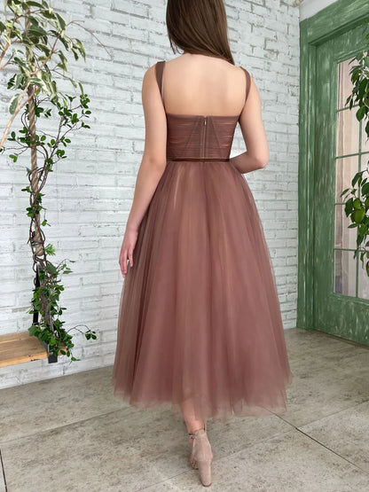 Aline Tea Length Brown Prom Dresses