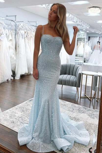 Mermaid Shiny Spaghetti Straps Long Beaded Light Blue Prom Dress