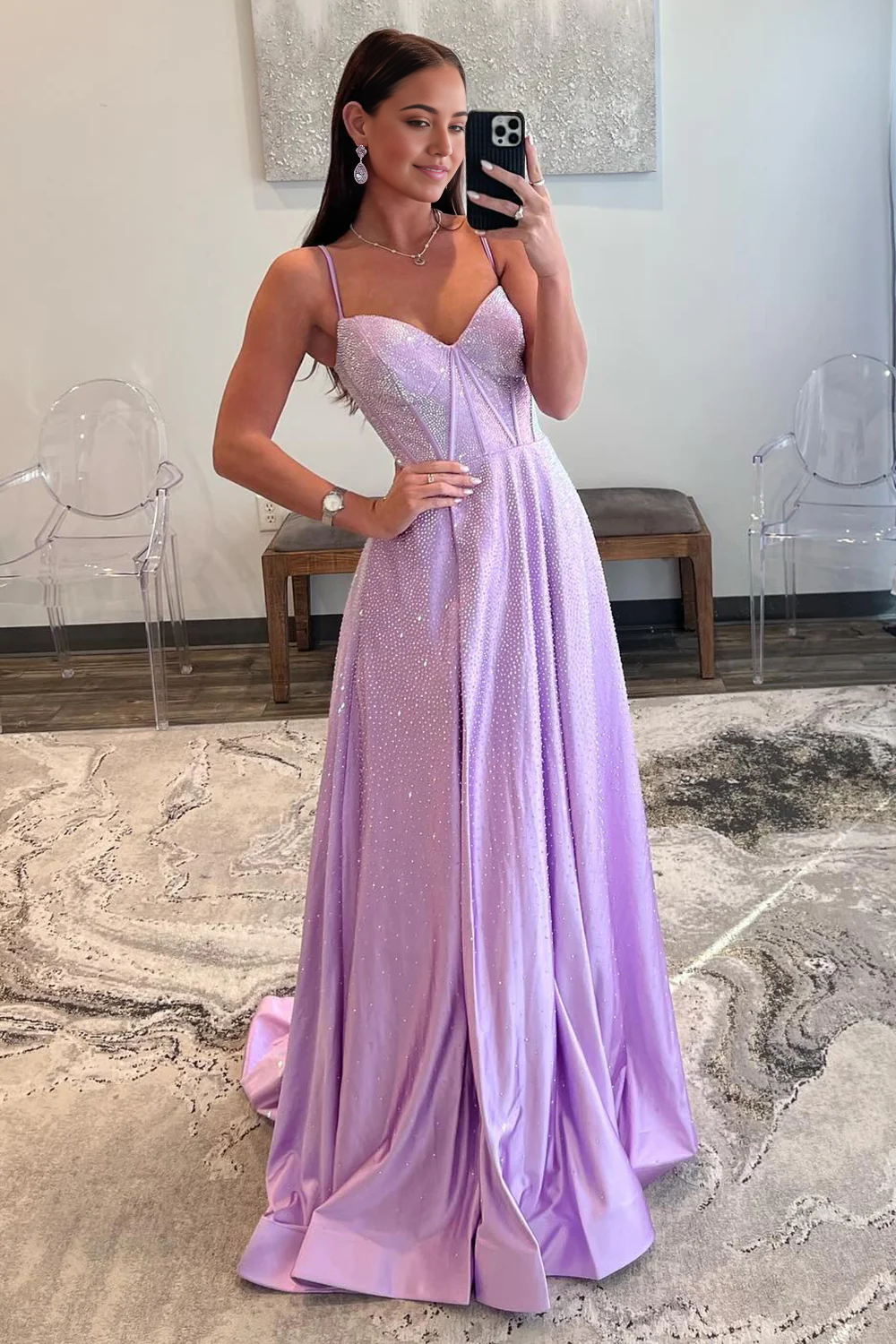 A-Line Spaghetti Straps Lilac Glitter Long Beaded Prom Dress with Slit