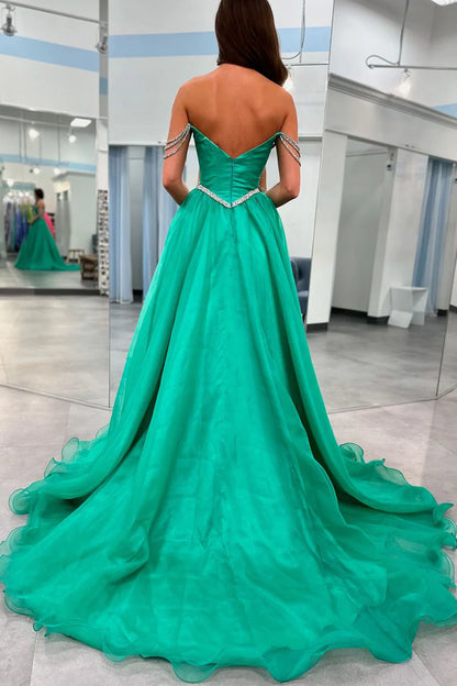 A-Line Charming Strapless Green Long evening gowns Prom Dress with Beaded Straps