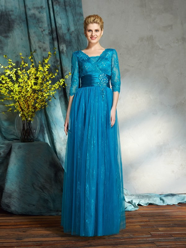 A-Line/Princess V-neck Sequin 3/4 Sleeves Long Chiffon Mother of the Bride Dresses
