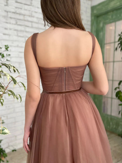 Aline Tea Length Brown Prom Dresses