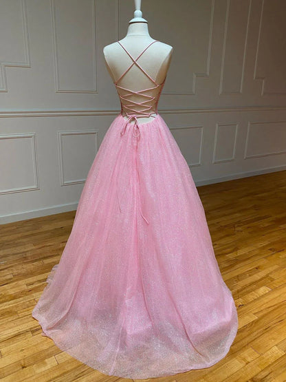 A-line v neck tulle long prom dress