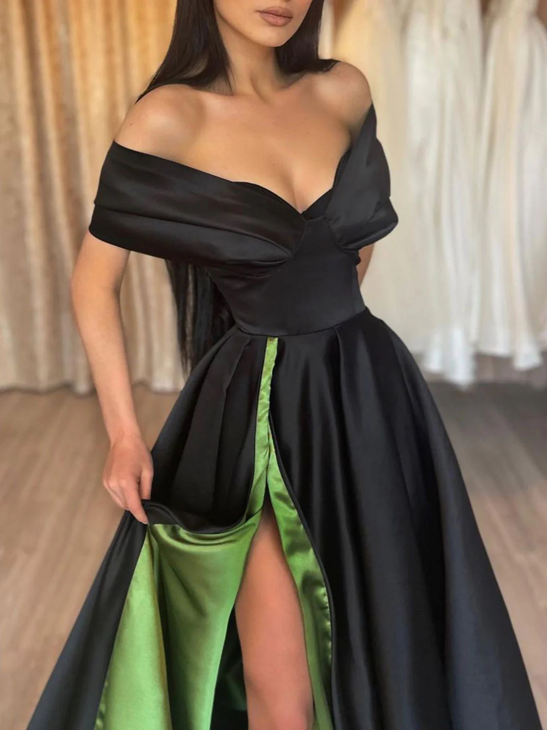 Simple satin off shoulder long prom dress