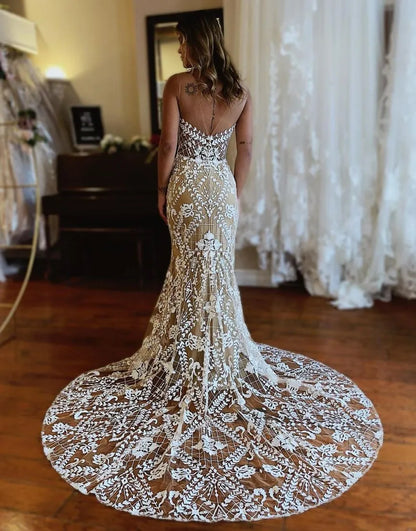 Mermaid Neck Lace Wedding Dress