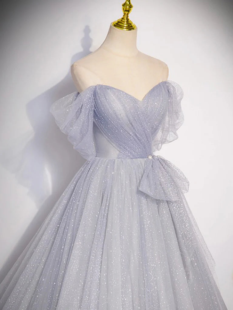 A-Line Off Shoulder Tulle Long Prom Dress