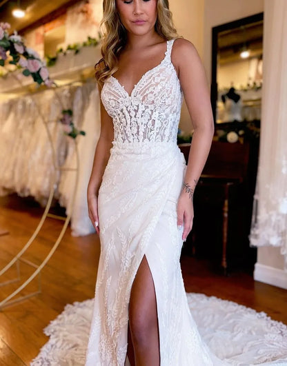 Mermaid Straps Train Lace Wedding Dress