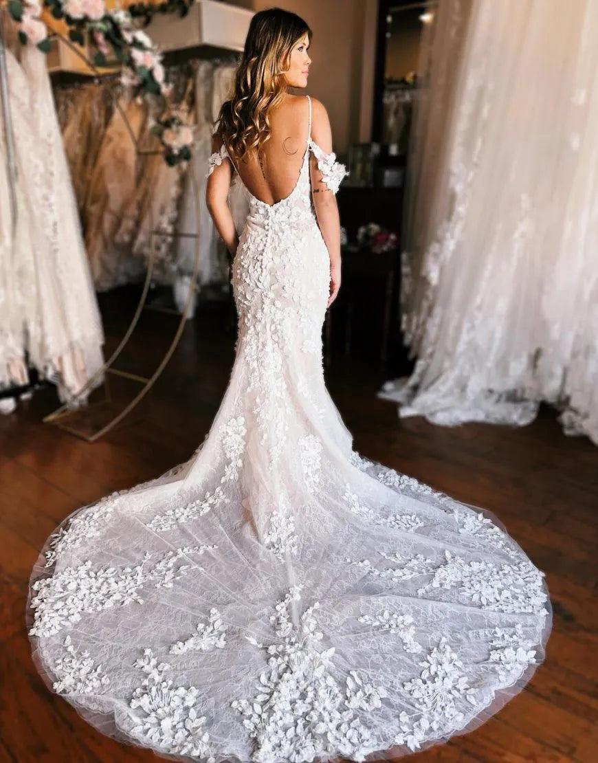 Mermaid Off The Shoulder 3D Appliques Wedding Dress