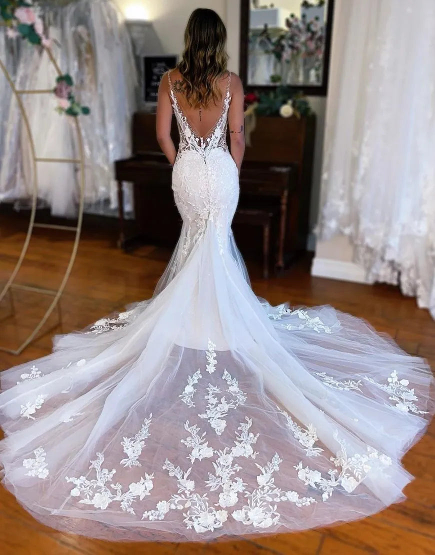 Mermaid Appliques V Neck Train Wedding Dress