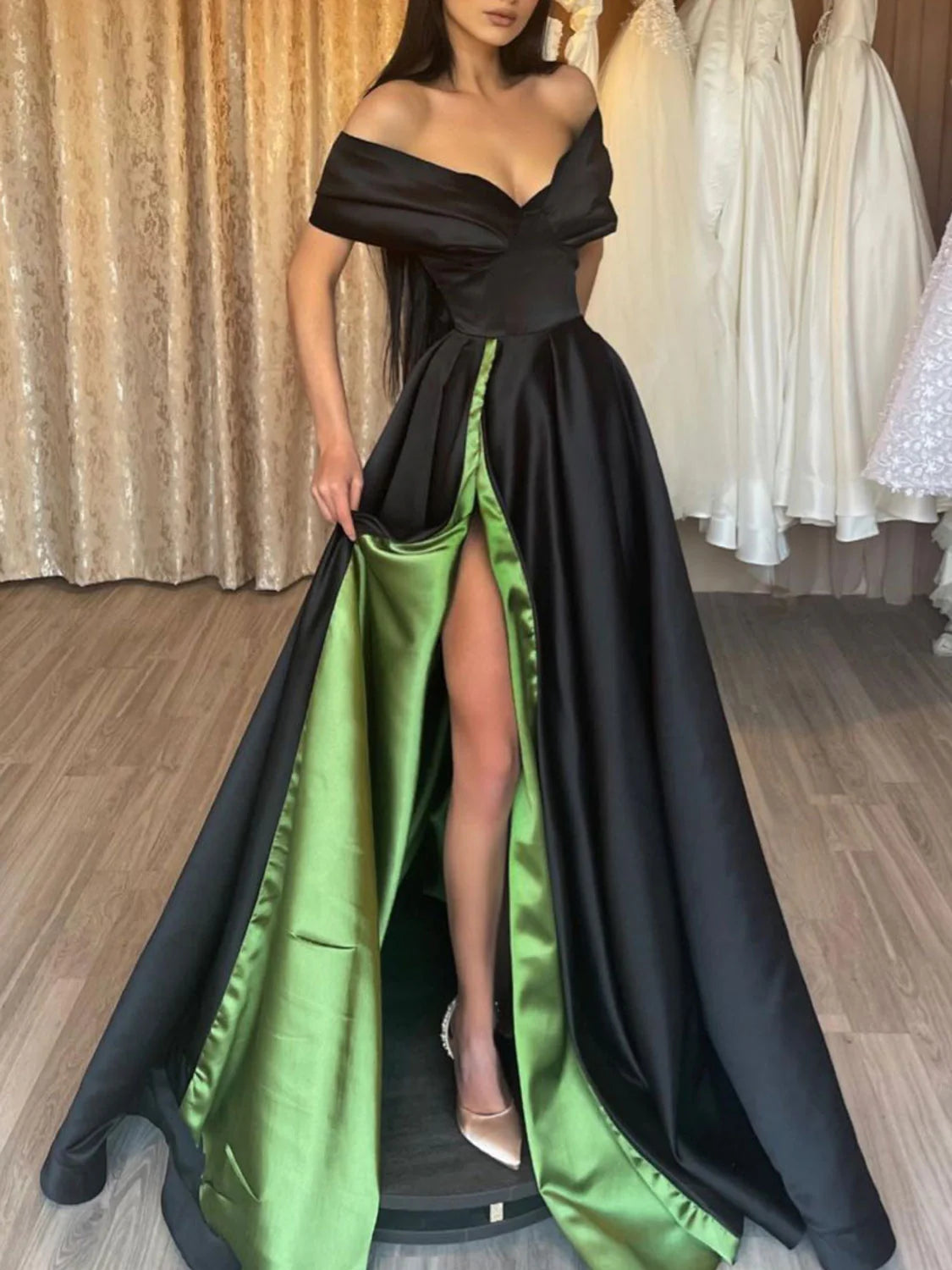 Simple satin off shoulder long prom dress