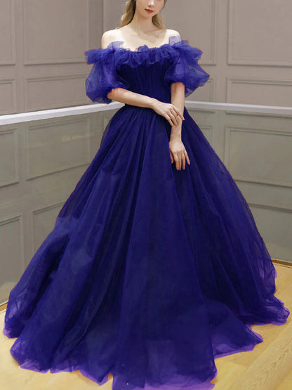 Tulle off shoulder long prom dress