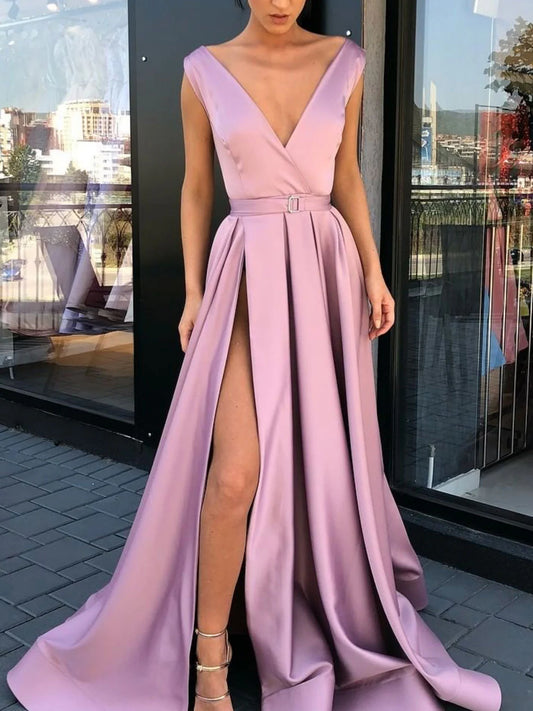 V neck satin long prom dress