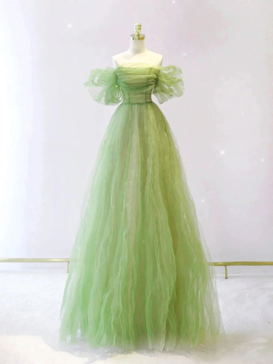 A line tulle long prom dress