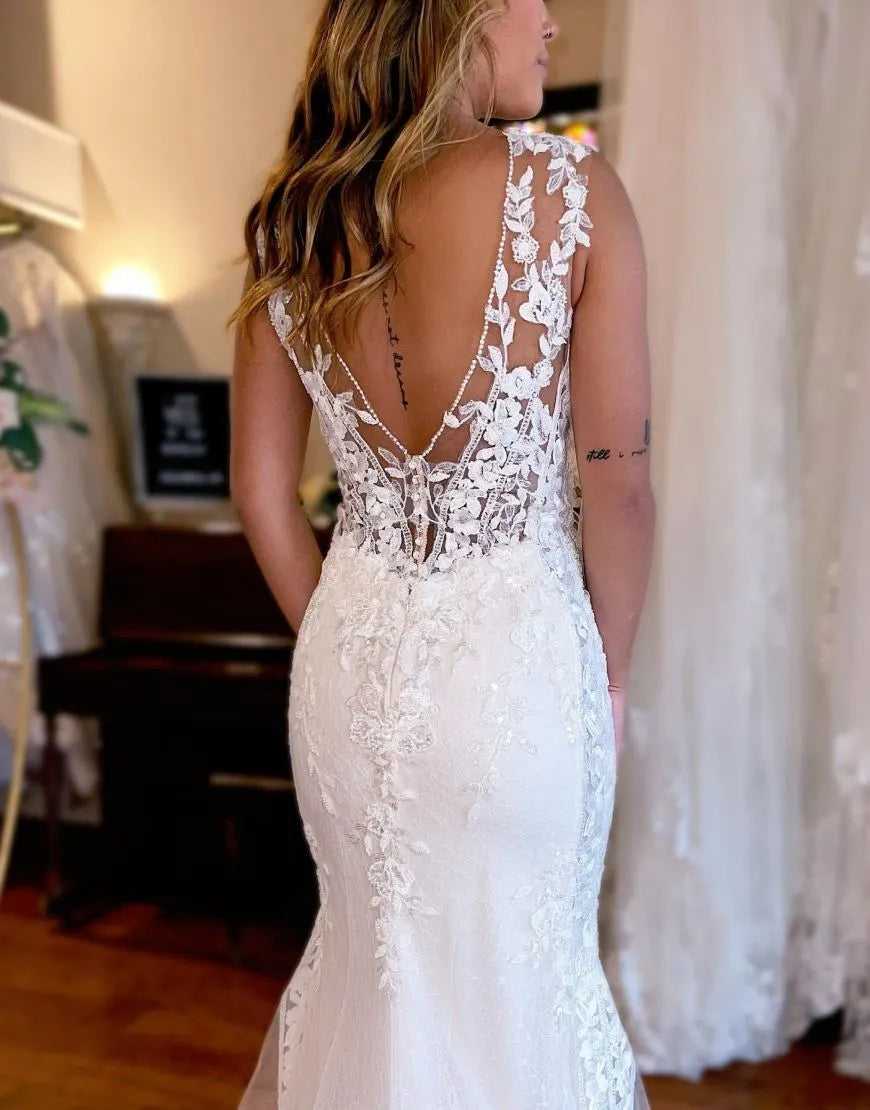 Mermaid V Neck Appliques Train Wedding Dress