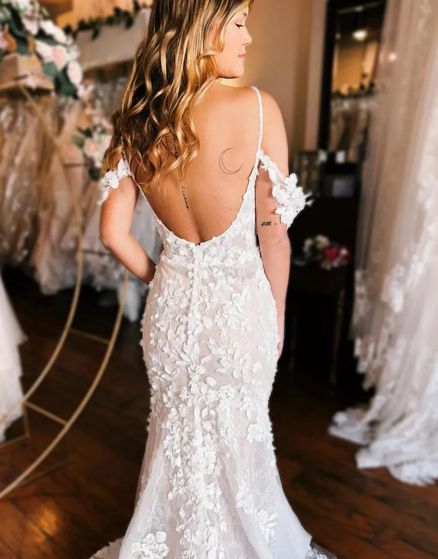 Mermaid Off The Shoulder 3D Appliques Wedding Dress