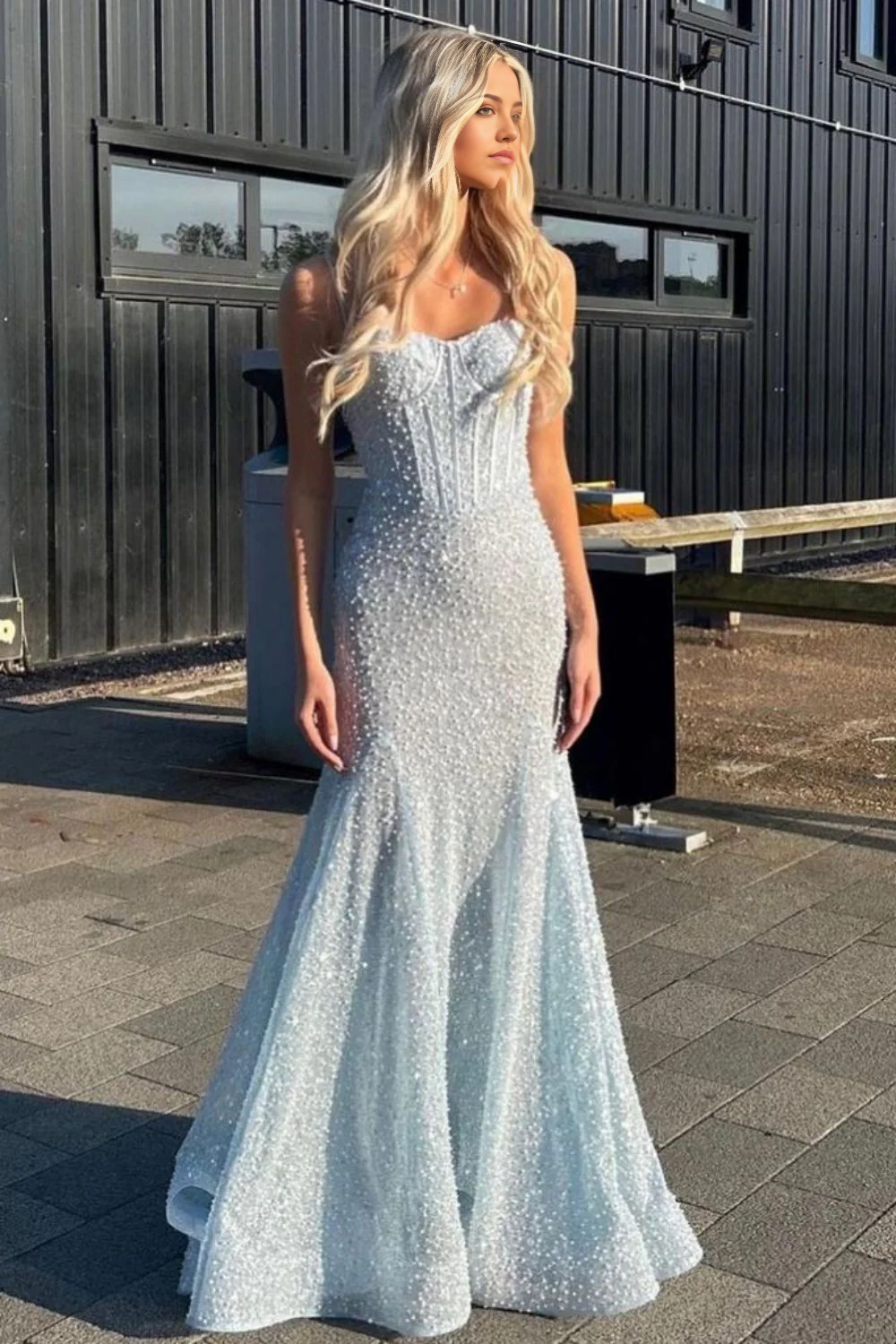 Mermaid Shiny Spaghetti Straps Long Beaded Light Blue Prom Dress