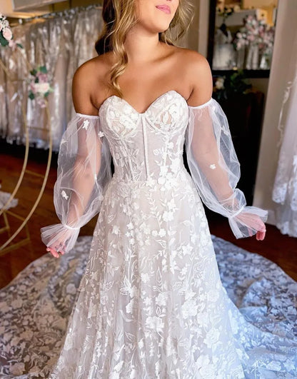 A-Line Train Lace Wedding Dress