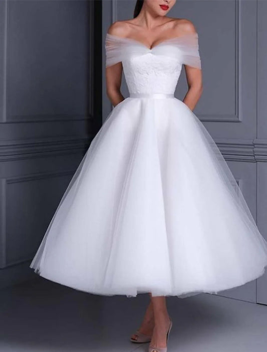 Ball Gown Off The Shoulder Tea Length Lace Wedding Dress