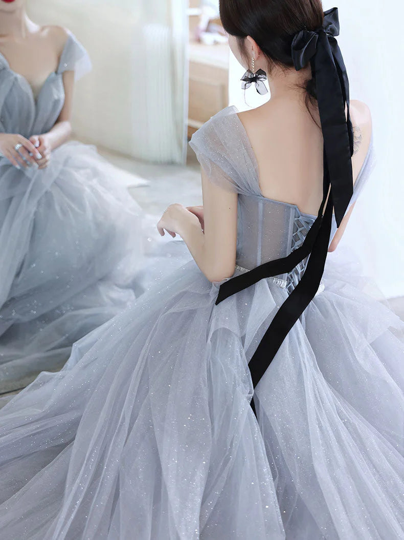 Tulle off shoulder long prom dress