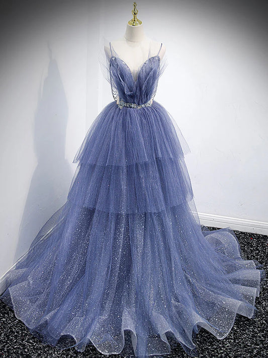 V neck tulle sequin long prom dress