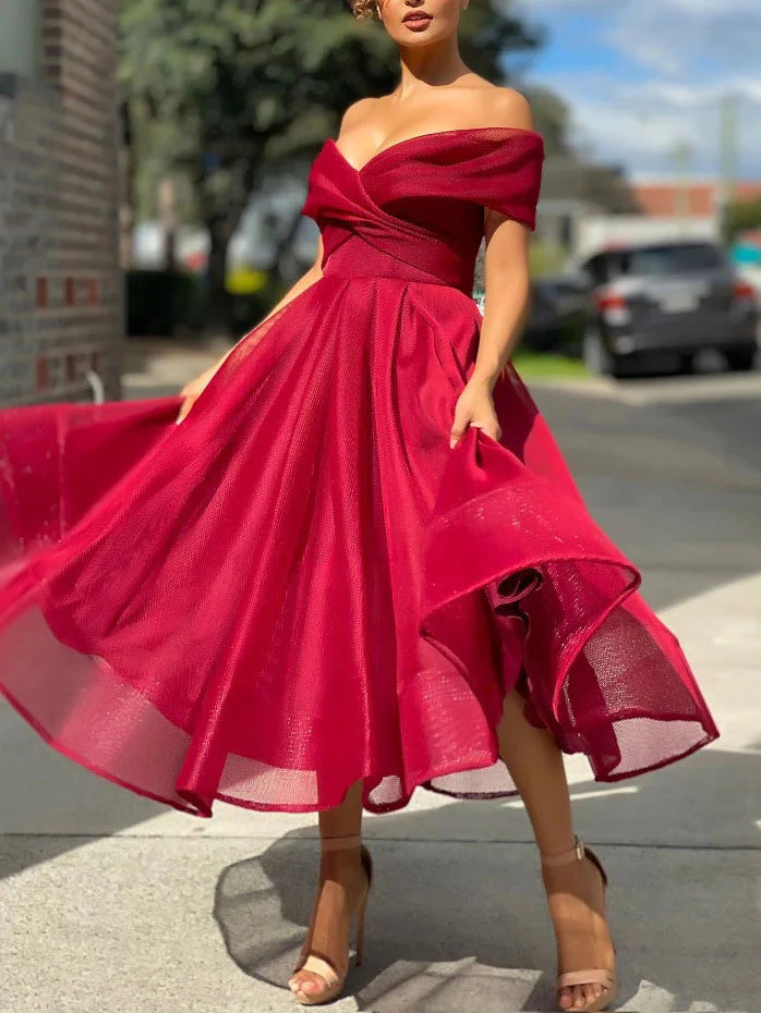 Simple tulle off shoulder prom dress